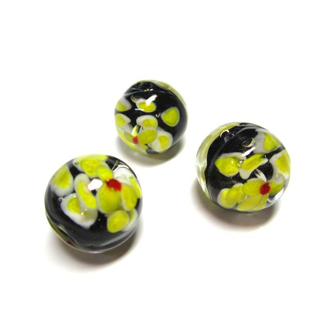◇高級トンボ玉◇ラウンド 約16mm 1粒 花模様 黄黒 06-1372 : B