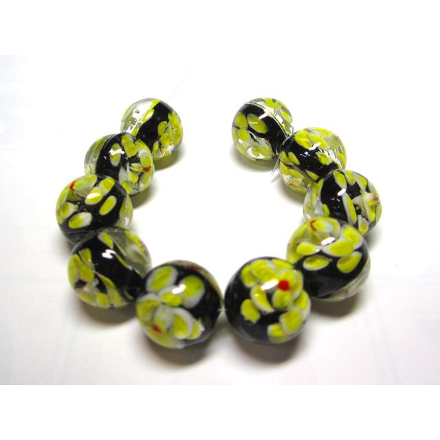 ◇高級トンボ玉◇ラウンド 約16mm 1粒 花模様 黄黒 06-1372 : B