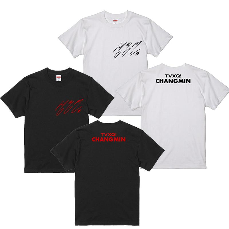 チャンミン 東方神起 TVXQ サイン ロゴ入り ホワイト/ブラック Tシャツ