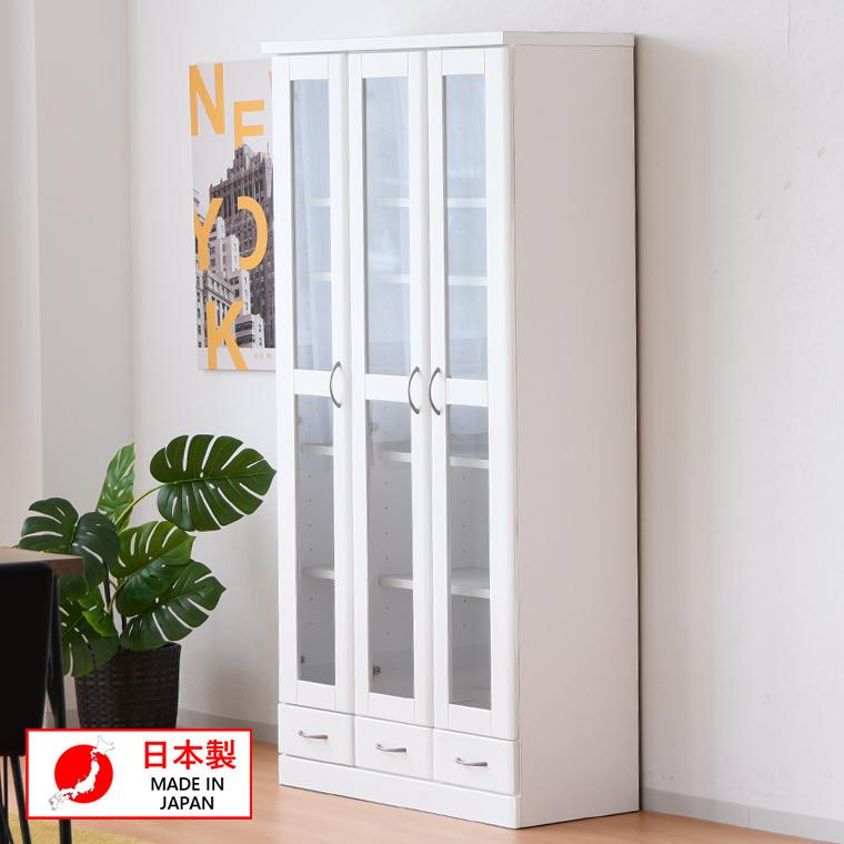 本棚 フリーボード 白 ハイタイプ 幅90cm 隙間収納 大容量 扉付き