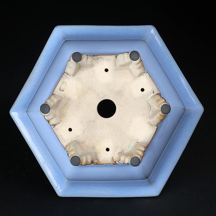 盆栽鉢 「石峰雨竹製広東均釉外縁六角鉢」 植木鉢 陶器 落款あり 7号