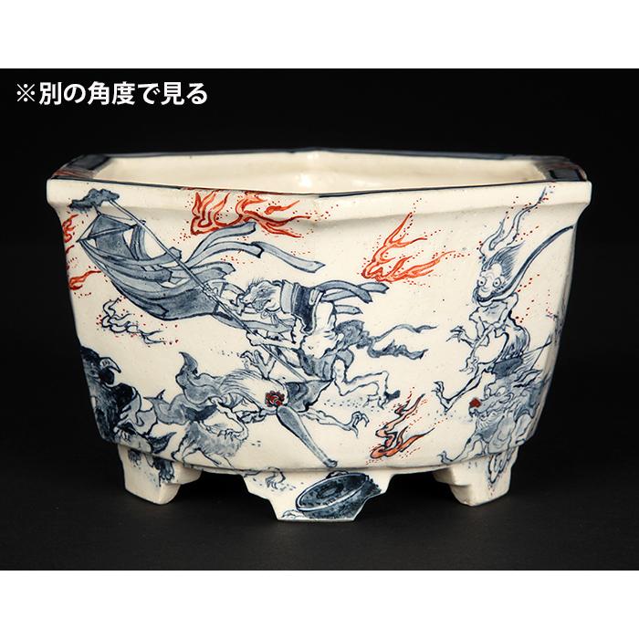 七代渋草柳造染付百鬼夜行図六角鉢 盆栽鉢 植木鉢 盆器 作家鉢
