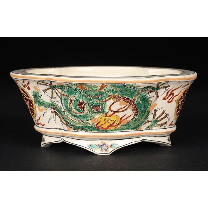 盆栽鉢 柳戸川浩山龍図木瓜式鉢 絵付鉢 手造り 手描き 4号 14cm 小品