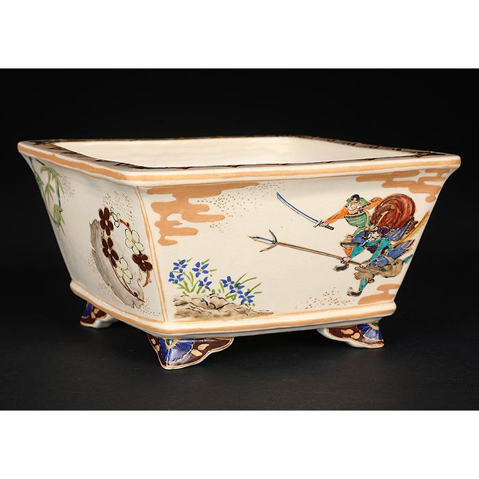 盆栽鉢 柳戸川浩山武者図正方鉢 絵付鉢 手造り 手描き 4号 13cm 小品