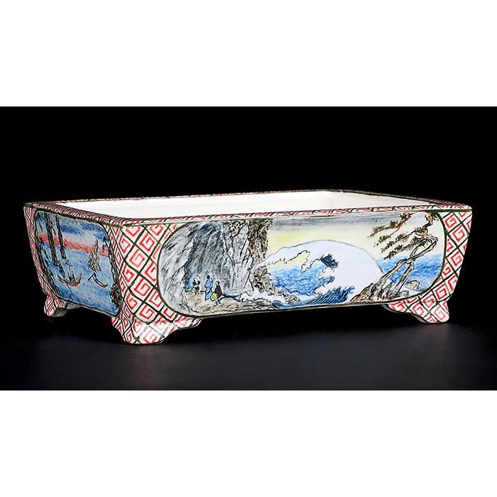 盆栽鉢 春雪色絵長方鉢 植木鉢 絵付 シュンセツ 磁器 5号 15cm 小品