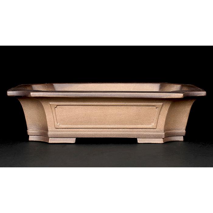 盆栽鉢 烏泥外縁隅切額面長方鉢 植木鉢 中国鉢 張氏製陶 落款あり 17号