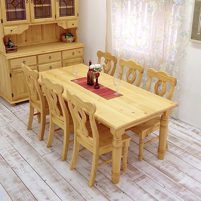 幅190cm カントリーパインダイニングテーブル7点セット 無垢木製 6人用