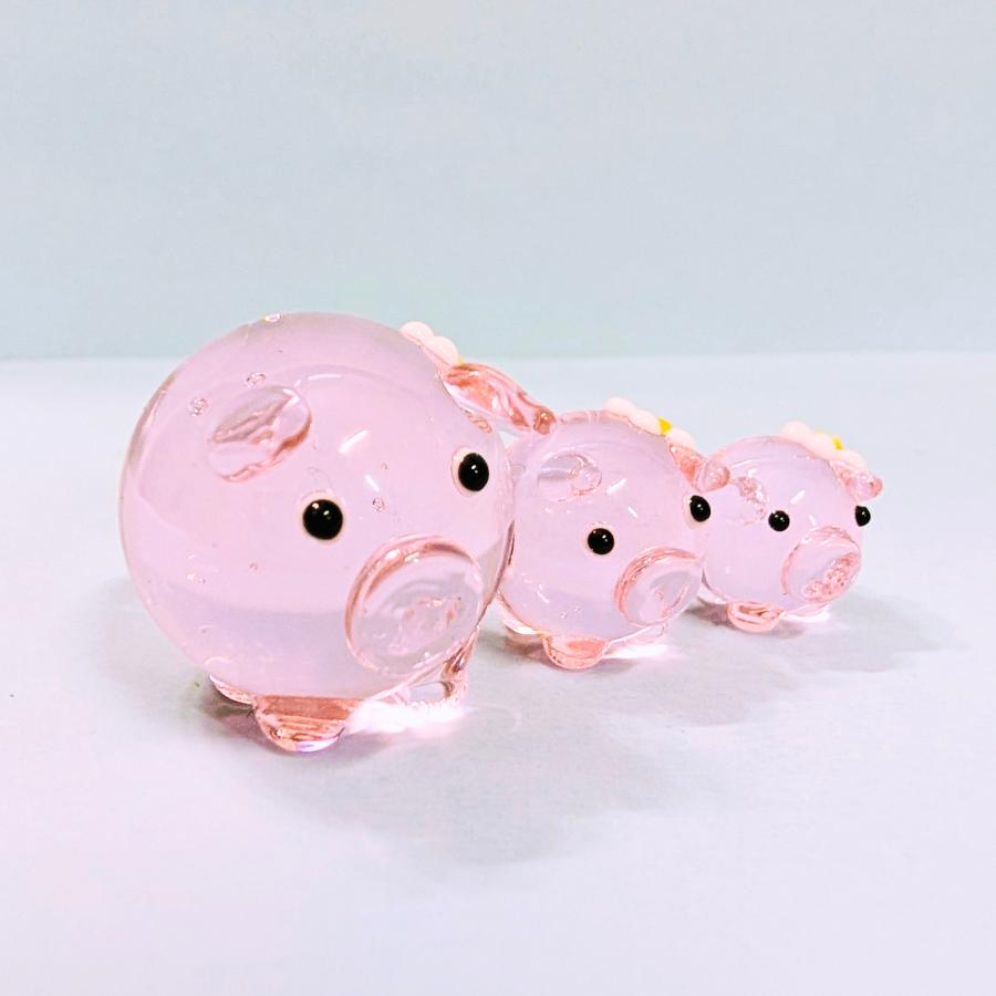 ガラス細工 花ぶた 3匹 ピンク ミニチュア 置物 雑貨 動物 花 ブタ