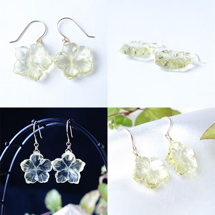 天然石 ピアス K18 18金 レモンクォーツ フラワー 花 フックピアス
