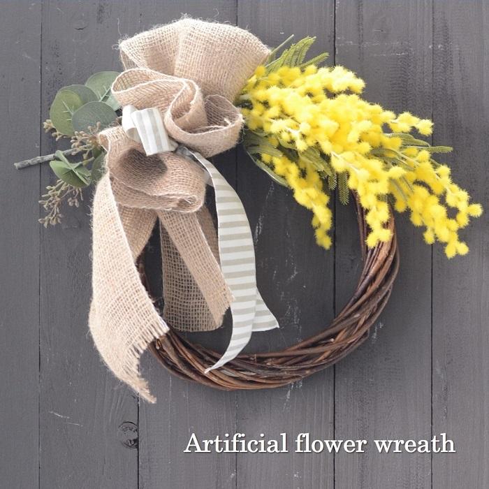 リース 花 ミモザのリース 完成品 玄関 造花 春 黄色 ナチュラル