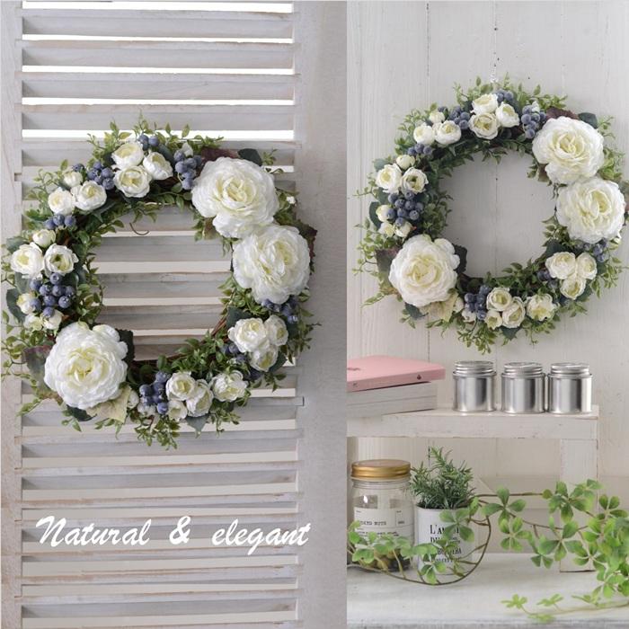 リース 1番人気 完成品 ローズホワイトリース 玄関 造花 新築祝い