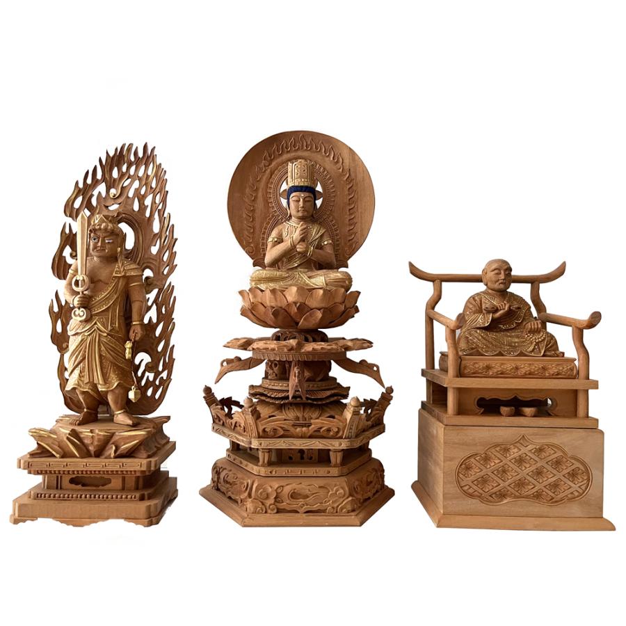 真言宗 仏像 大日如来 インド白檀 木彫 金泥書 不動明王 弘法大師 3体