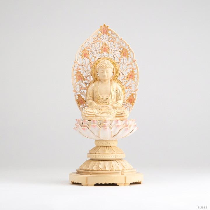 仏像 釈迦如来 座像 柘植製/ツゲ 丸座 2寸 金泥書 淡彩色 さくら色