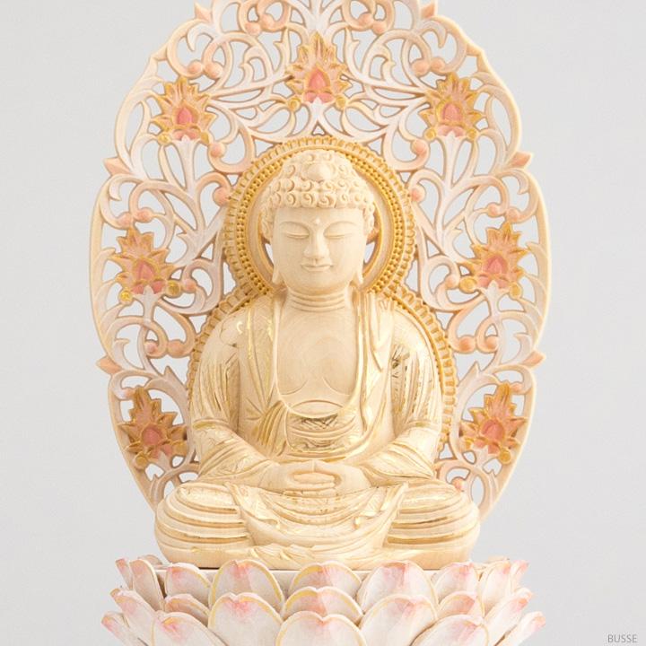 仏像 釈迦如来 座像 柘植製/ツゲ 丸座 2寸 金泥書 淡彩色 さくら色