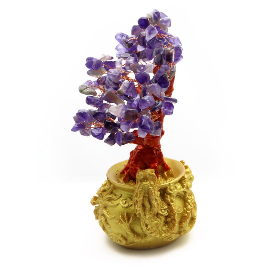 GOLD STONE 招財樹 壺型 アメジスト 紫水晶 龍 風水置物 インテリア 金