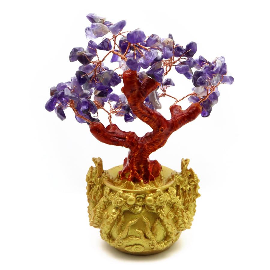 GOLD STONE 招財樹 壺型 アメジスト 紫水晶 龍 風水置物 インテリア 金