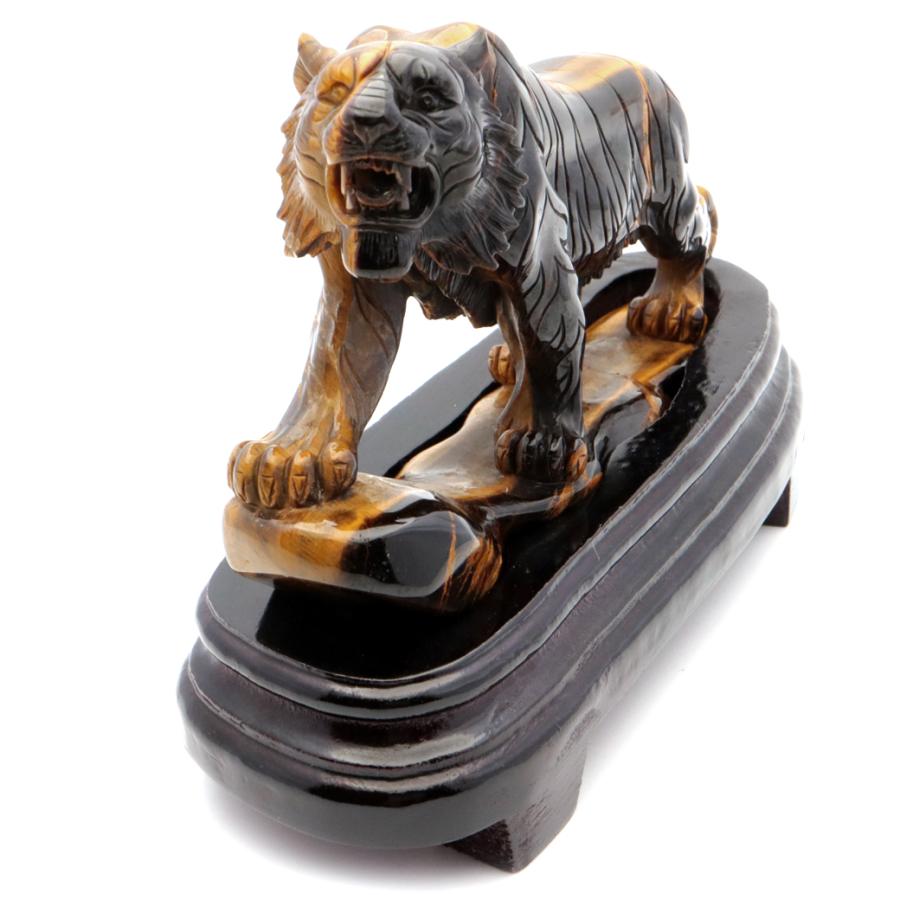 GOLD STONE タイガーアイ 虎 置物 彫刻 台座付き 1.05kg 虎眼石 風水