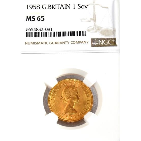 1958年 イギリス金貨 ヤングヤングエリザベス MS65 ソブリン金貨