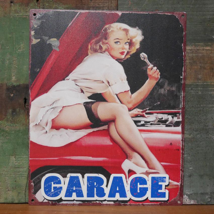 アンティーク メタルプレート GARAGE Girl ブリキ看板 インテリア