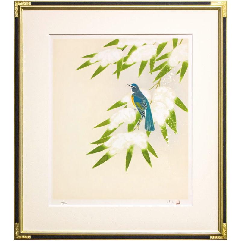 上村淳之「 雪 ( 瑠璃鶲 ）」オリジナルリトグラフ 石版画 版画 日本画