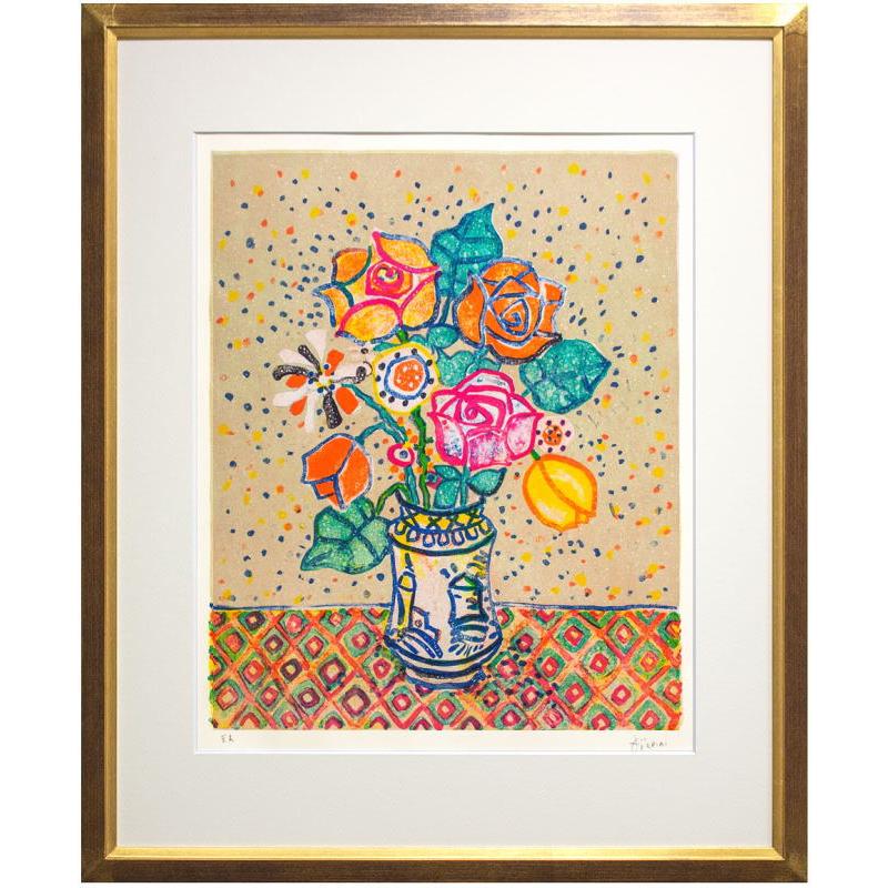 ポール ・ アイズピリ 「 ベージュ背景のバラの花束 」 リトグラフ