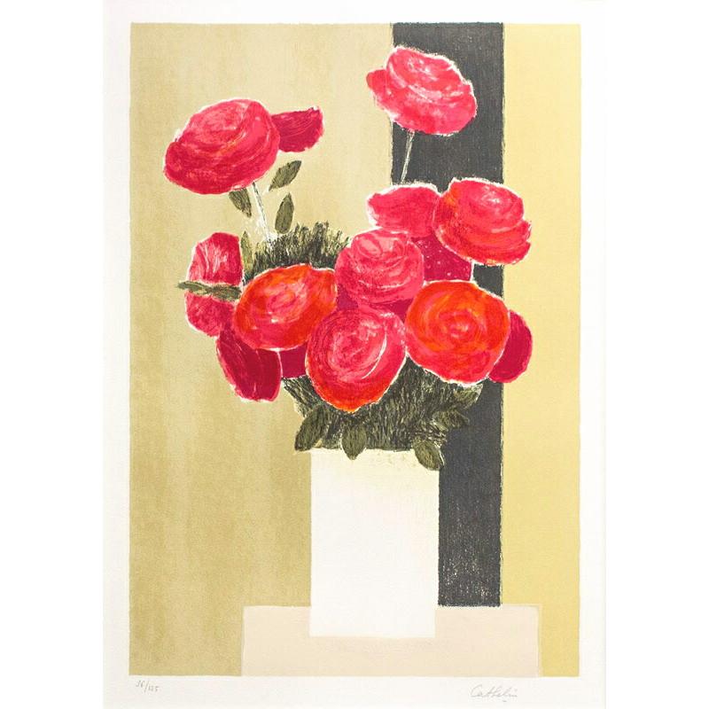 ベルナール ・ カトラン 「 赤い薔薇と黒い帯 」 リトグラフ ( 石版画