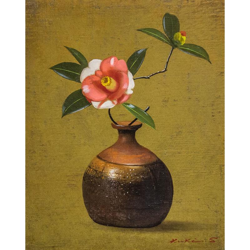 九鬼三郎「 備前に椿 」 油絵 油彩画 F3 ( 3号 ) 絵画 洋画 肉筆