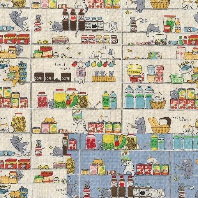 綿麻キャンバス:kts-6705】ねこのパントリー 棚ネコ（コットンこばやし