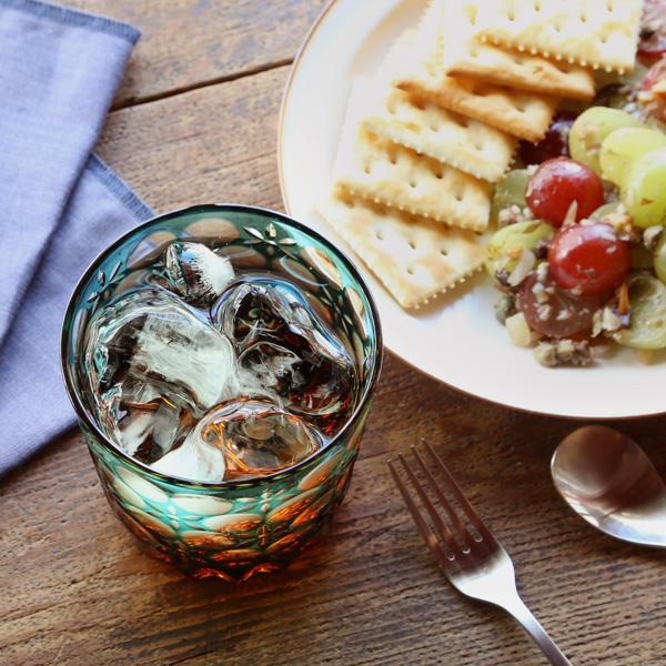 江戸切子 オールド 万華鏡 緑/琥珀 大場硝子 ロックグラス 切子グラス