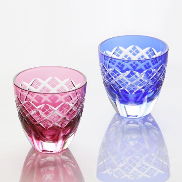 田島硝子 江戸切子 映見重ね矢来紋 ぐい呑みペア 金赤 ルリ 切子グラス