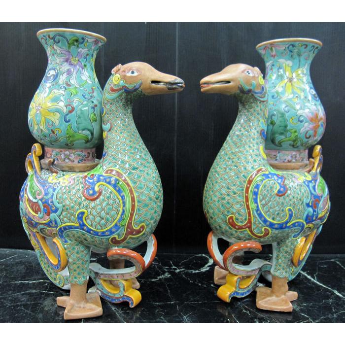 景徳鎮 十錦 動物飾り壺（1対） 高さ約35cm 中国 陶磁器 花瓶 オブジェ