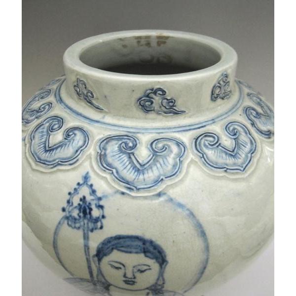 李朝 青花仏文蓋付壺 全高36cm 韓国 朝鮮 陶磁器 希少 地蔵 卍 美品