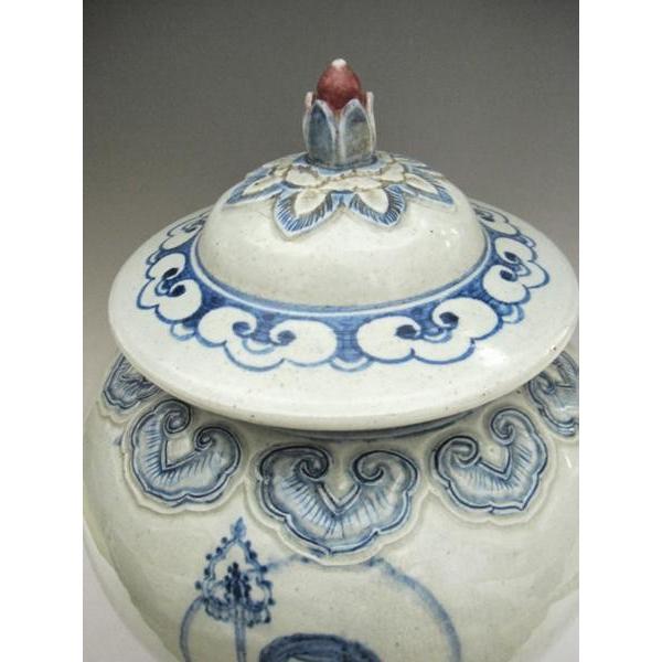 李朝 青花仏文蓋付壺 全高36cm 韓国 朝鮮 陶磁器 希少 地蔵 卍 美品
