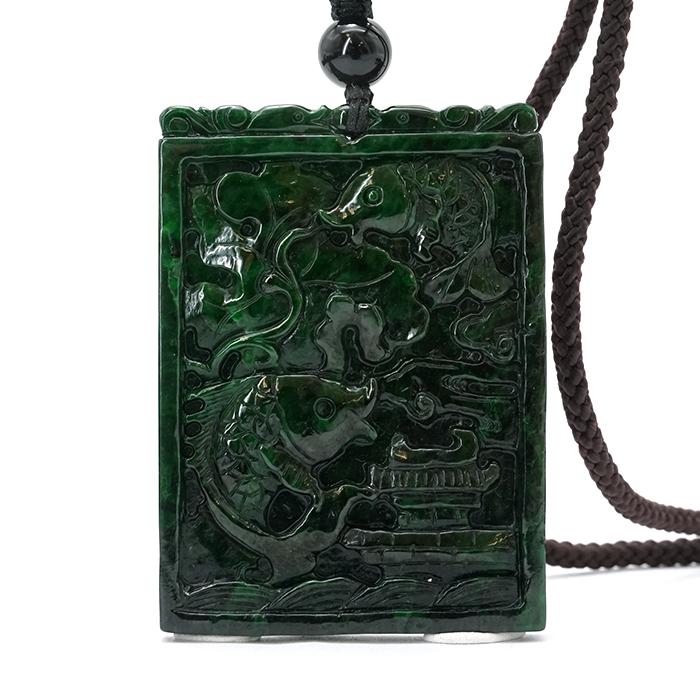 ミャンマー翡翠 中国紐ネックレス 鯉×花 ミャンマー産 彫り物 稀少