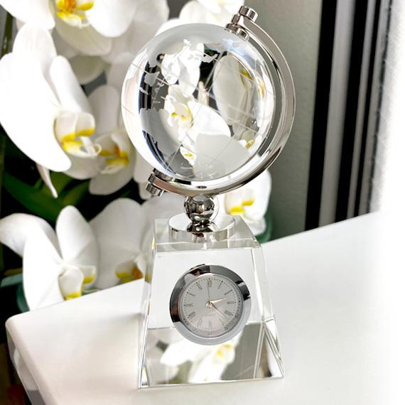 クリスタルガラス 地球儀 グローブ 置時計 シルバー インテリア 卓上