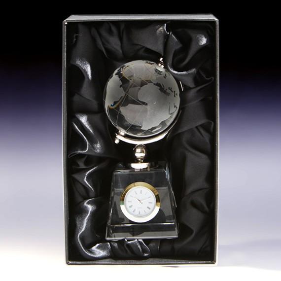 クリスタル地球儀 ゴールド時計 メッセージ彫刻 記念品 新築 退職 還暦