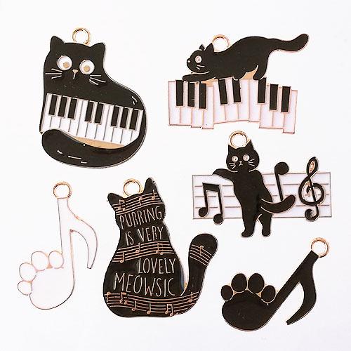 黒猫 音符 ピアノ チャーム 6個セット 猫 ねこ ネコ 音楽 2311 j6-5001