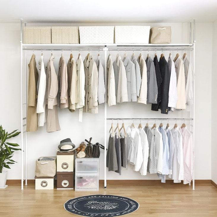 ハンガーラック 突っ張り 2段 頑丈 スリム 収納 棚付き 大容量