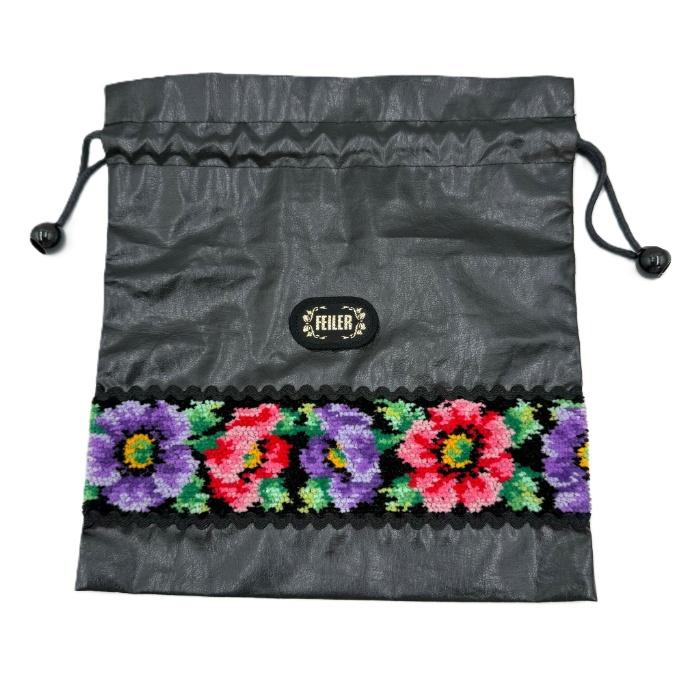 フェイラー FEILER ポーチ 巾着 レザー調 花柄 可愛い ブラック マルチ
