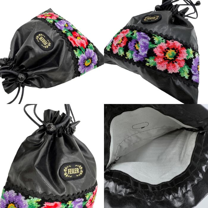 フェイラー FEILER ポーチ 巾着 レザー調 花柄 可愛い ブラック マルチ