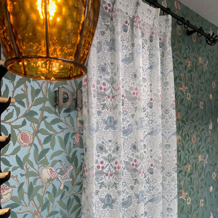 レースカーテン モリス柄 いちご泥棒 2倍ヒダ 横幅200cm 透け感 薄手