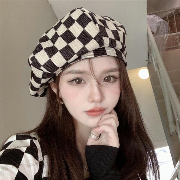 ベレー帽 チェッカー柄 ブロックチェック柄 コーデュロイ 帽子