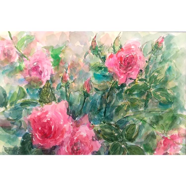 花の絵画 水彩画 横尾武之 作 「秋バラの香り」 風景画 インテリア