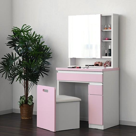 ドレッサー 一面鏡 収納付き 椅子付き モダン ホワイト ピンク