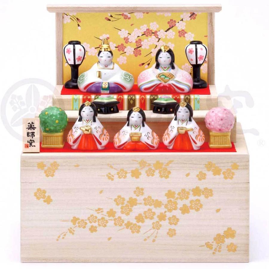 雛人形 コンパクト 陶器 小さい 可愛い ひな人形/ 染絵弥生飾り雛(収納