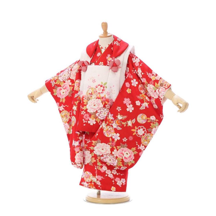被布 四季花柄の七五三着物3歳 女の子(被布)フルセット（赤系