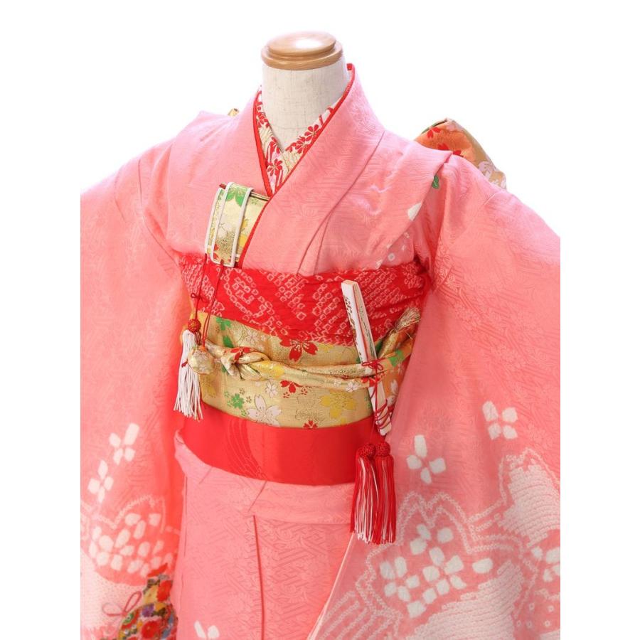 e-7-125 サーモンピンク地 正絹 鹿の子 絞り 7歳 女の子 七五三 着物