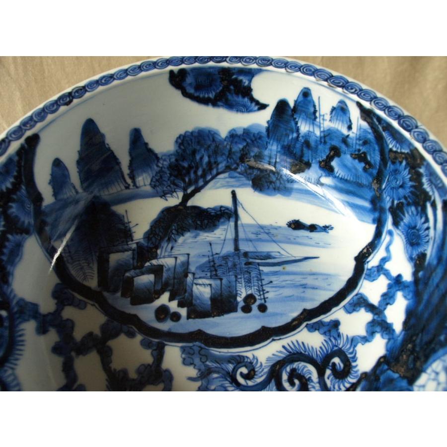 江戸時代 無傷 極上 鳳凰山水文染付古伊万里大鉢28cm 献上手古伊万里深
