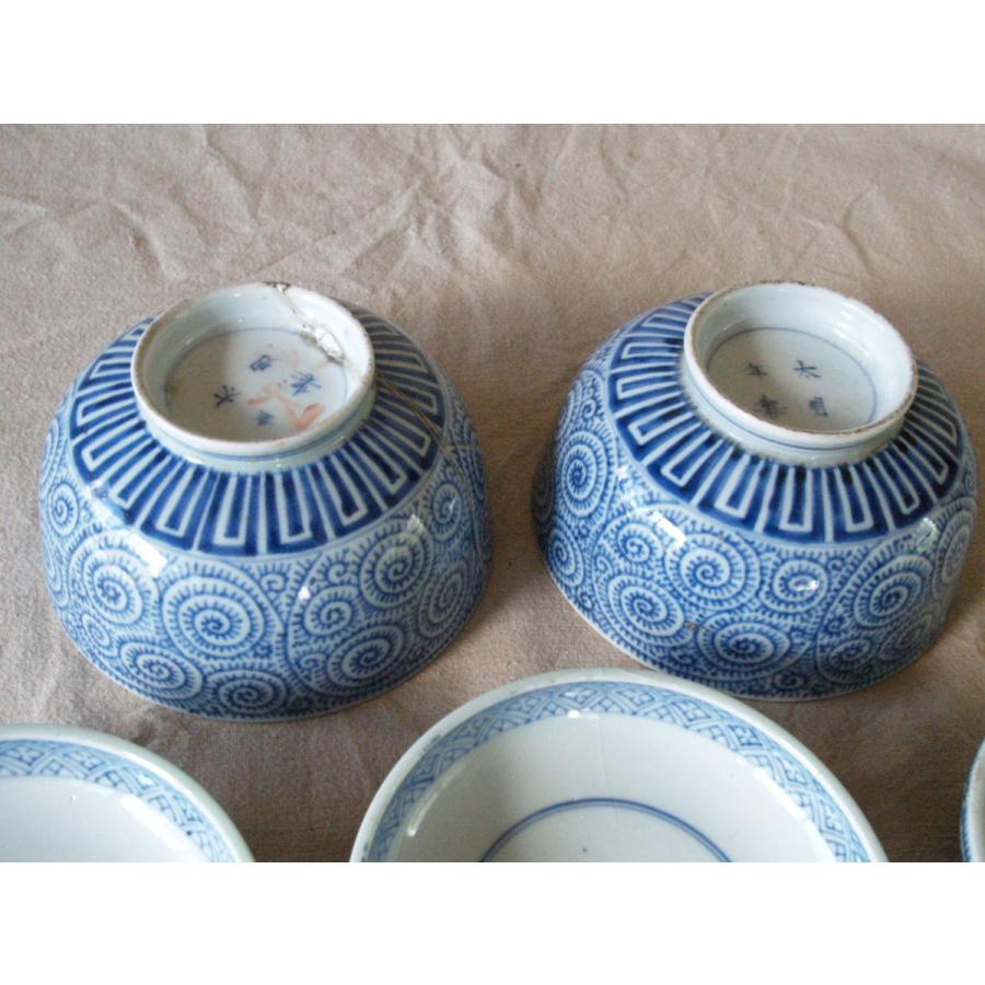 江戸時代 古伊万里 染付タコ唐草文茶碗セット13cm 大明年製 タコ唐草