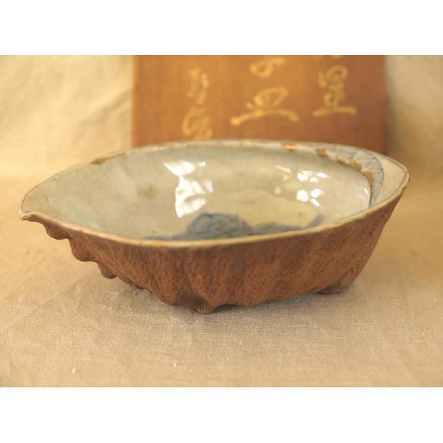 江戸時代 古伊万里 山水賢人図 古染付 鮑型菓子皿20cm刺身皿 変形皿